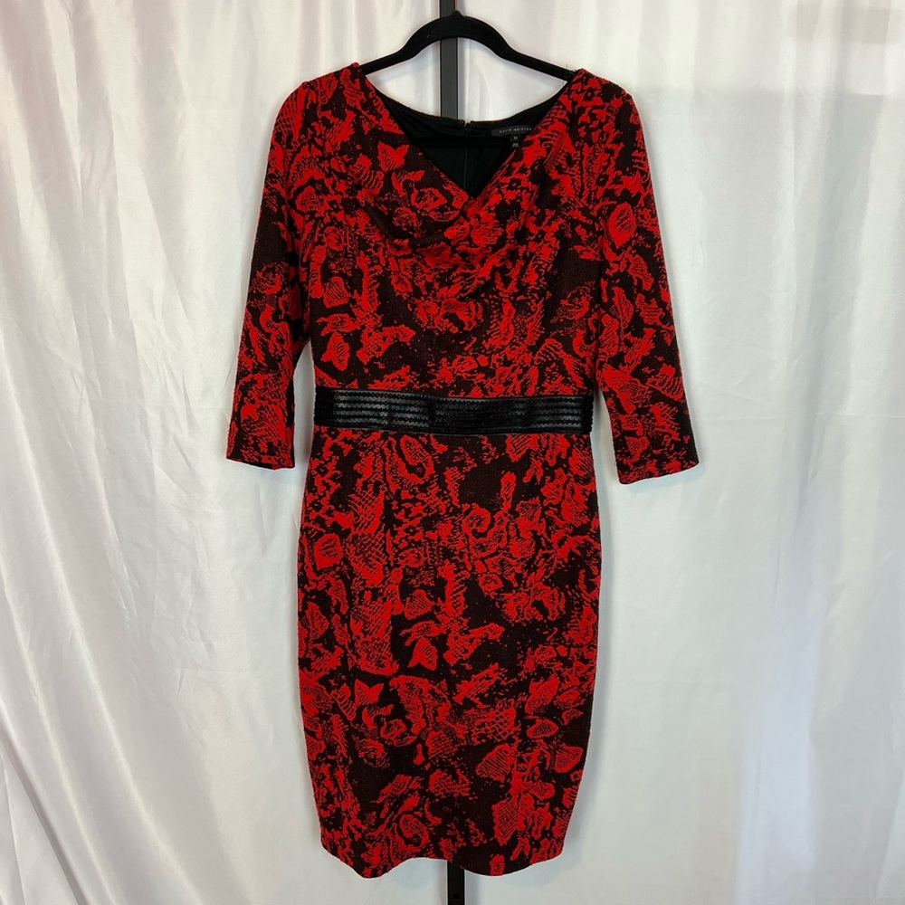 David Meister Red and Black Cowl Neck Knit Dress, size 10